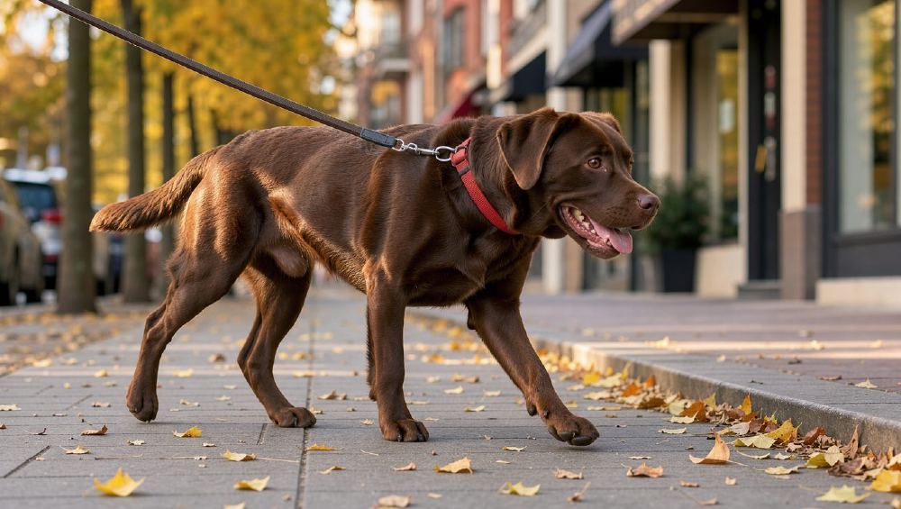 가을 골목을 걷는 초콜릿 래브라도