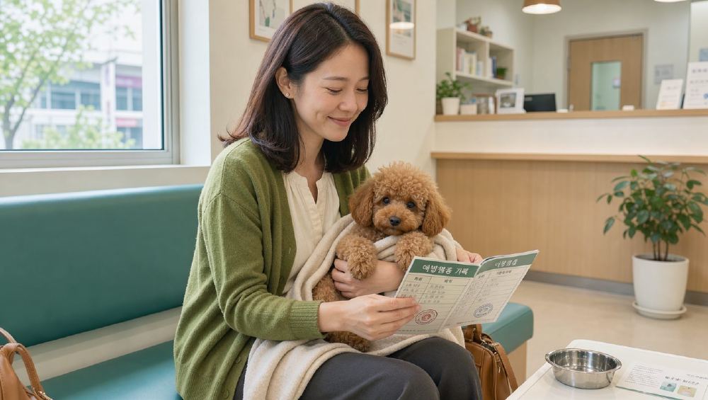 동물병원 대기실에서 예방접종 기록을 확인하는 보호자와 강아지